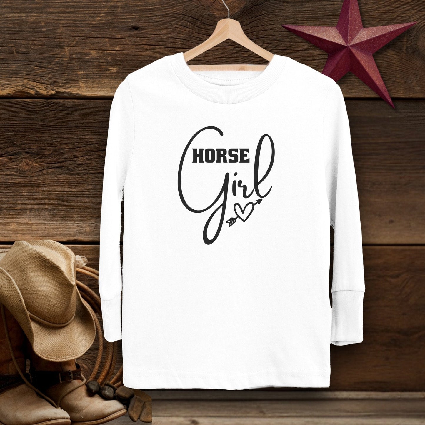 Youth Shirts Long Sleeve Toddler / White / 2T Horse Girl with Arrow Heart Shirt