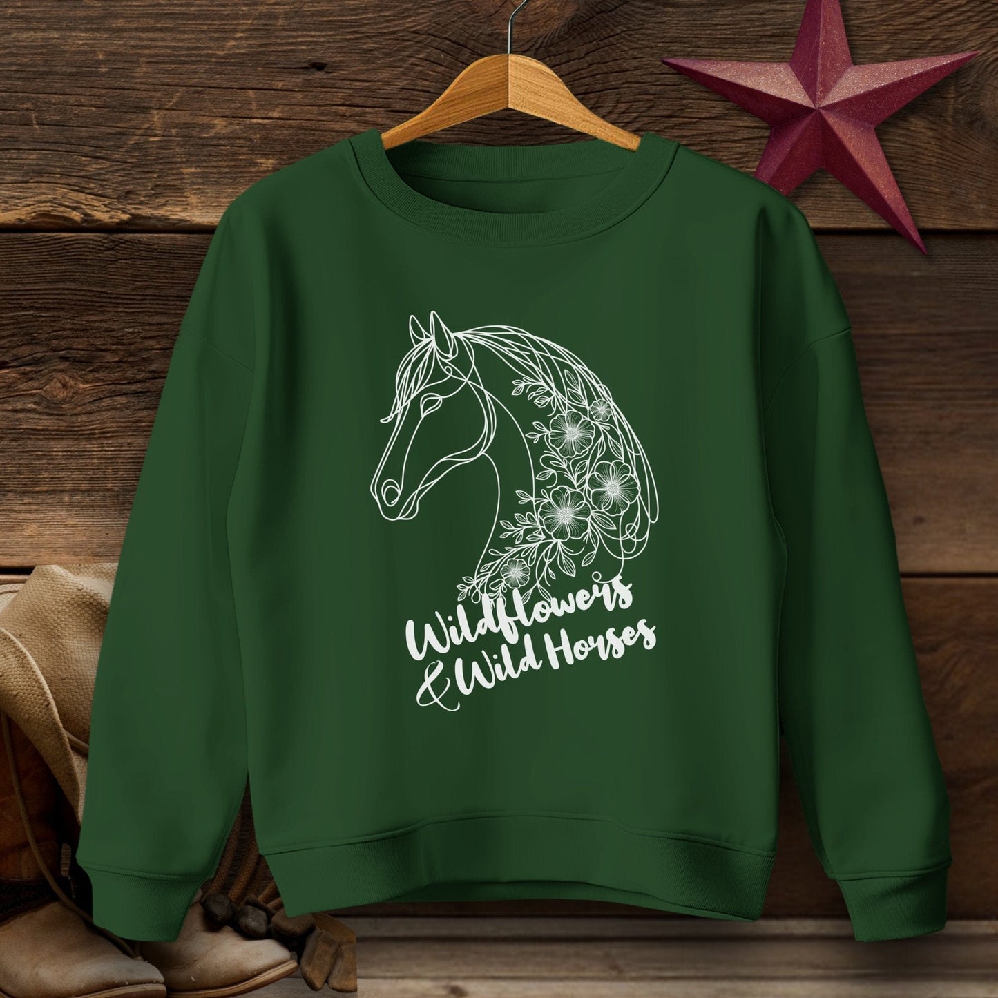 Youth Shirts Sweatshirt Youth / Forest Green / XS Wildflowers And Wild Horses - Youth Shirt