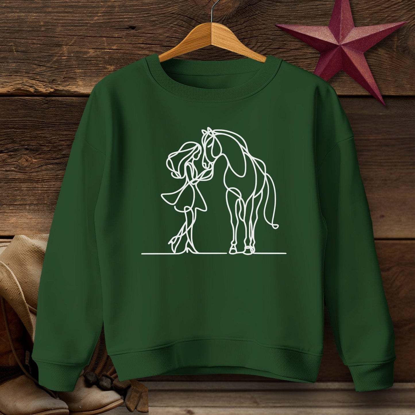 Youth Shirts Sweatshirt Youth / S / Forest Green Lady and Horse Art Youth Shirt