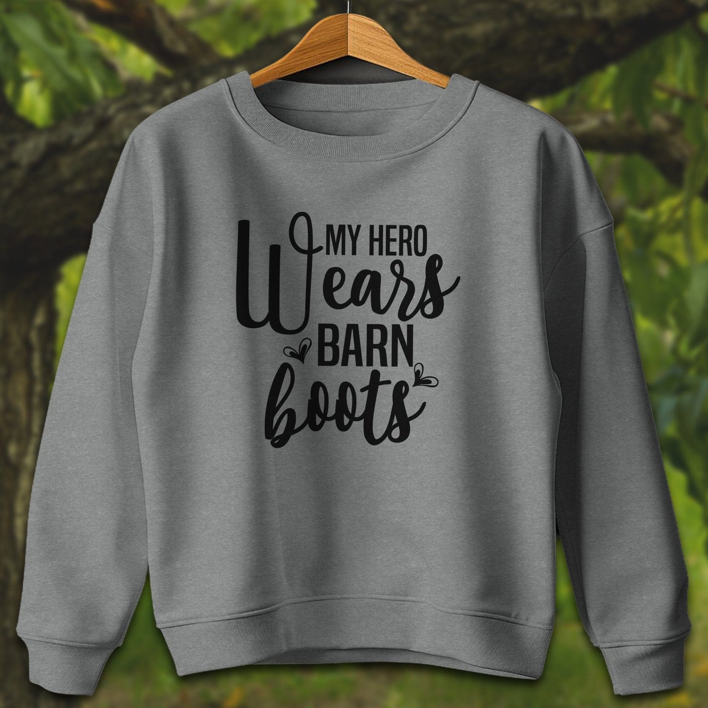 Youth Shirts Sweatshirt Youth / S / Graphite Heather My Hero Wears Barn Boots - Youth Shirt