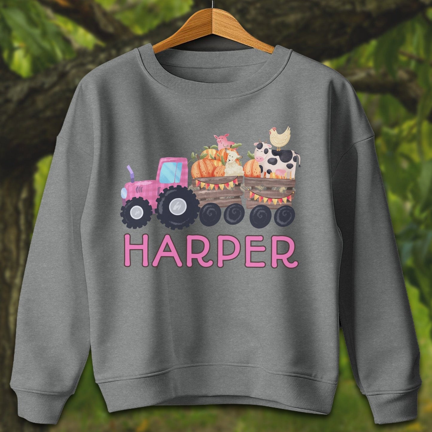 Youth Shirts Sweatshirt Youth / S / Graphite Heather Personalized Cute Pink Tractor - Youth Shirt