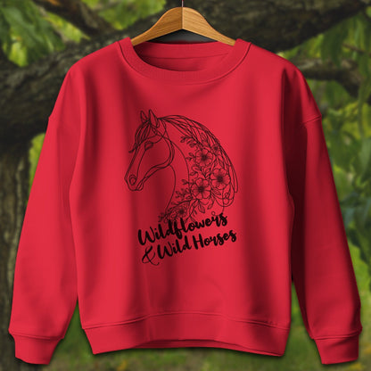 Youth Shirts Sweatshirt Youth / XS / Red Wildflowers And Wild Horses - Youth Shirt