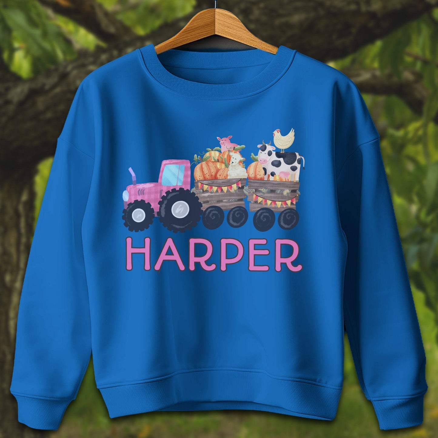 Youth Shirts Sweatshirt Youth / XS / Royal Personalized Cute Pink Tractor - Youth Shirt