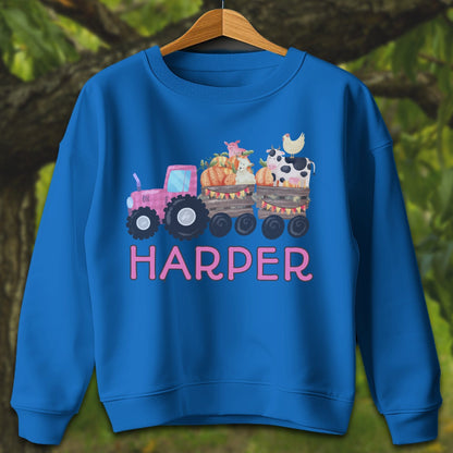 Youth Shirts Sweatshirt Youth / XS / Royal Personalized Cute Pink Tractor - Youth Shirt