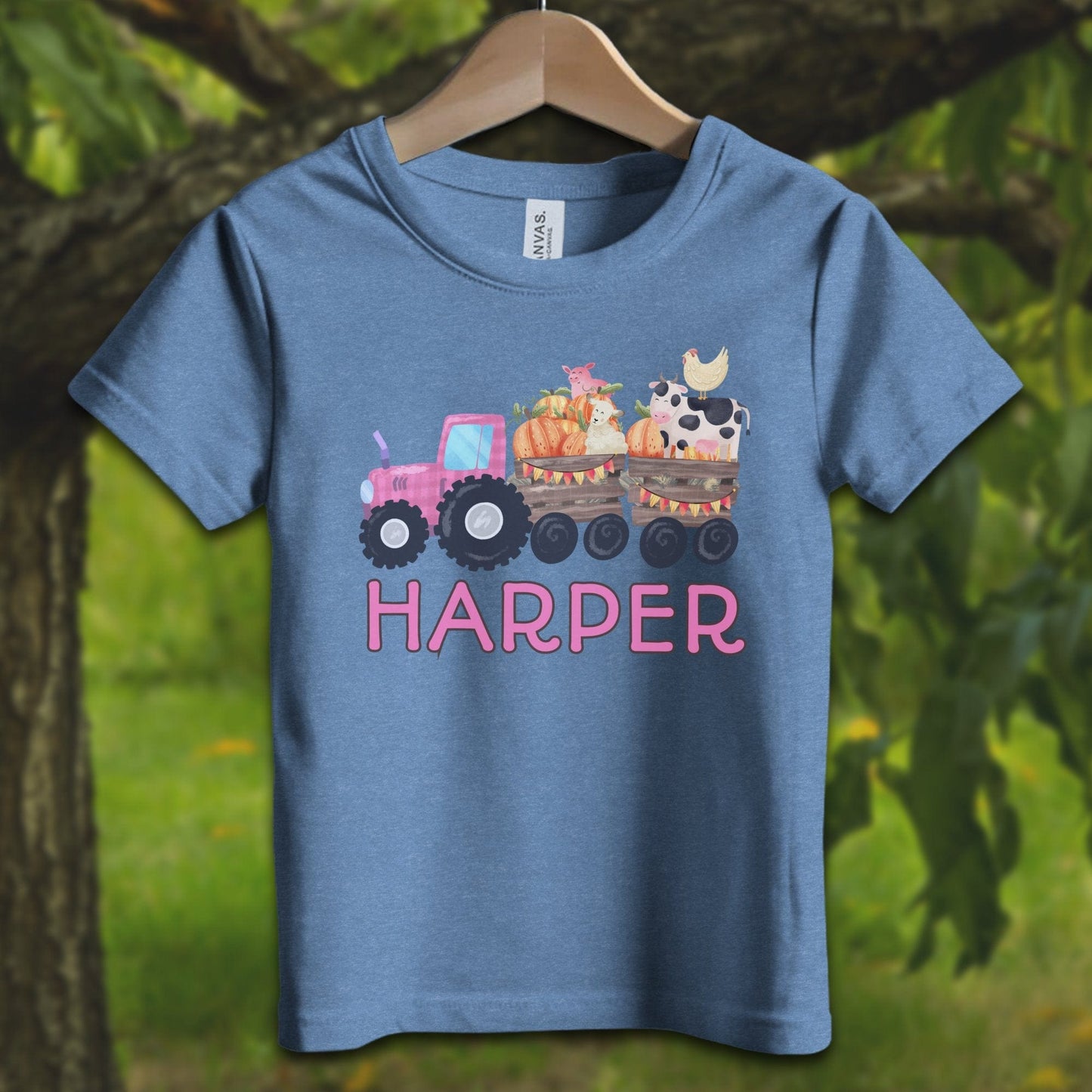 Youth Shirts T-Shirt Toddler / 2T / Heather Columbia Blue Personalized Cute Pink Tractor - Youth Shirt