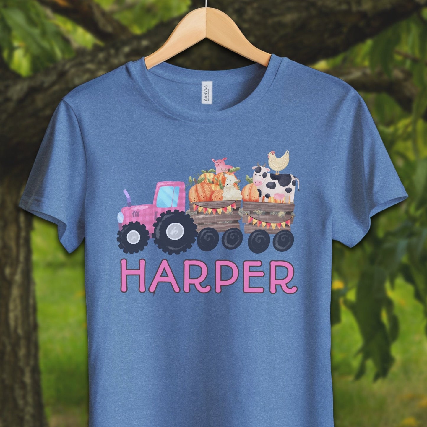 Youth Shirts T-Shirt Youth / S / Heather Columbia Blue Personalized Cute Pink Tractor - Youth Shirt