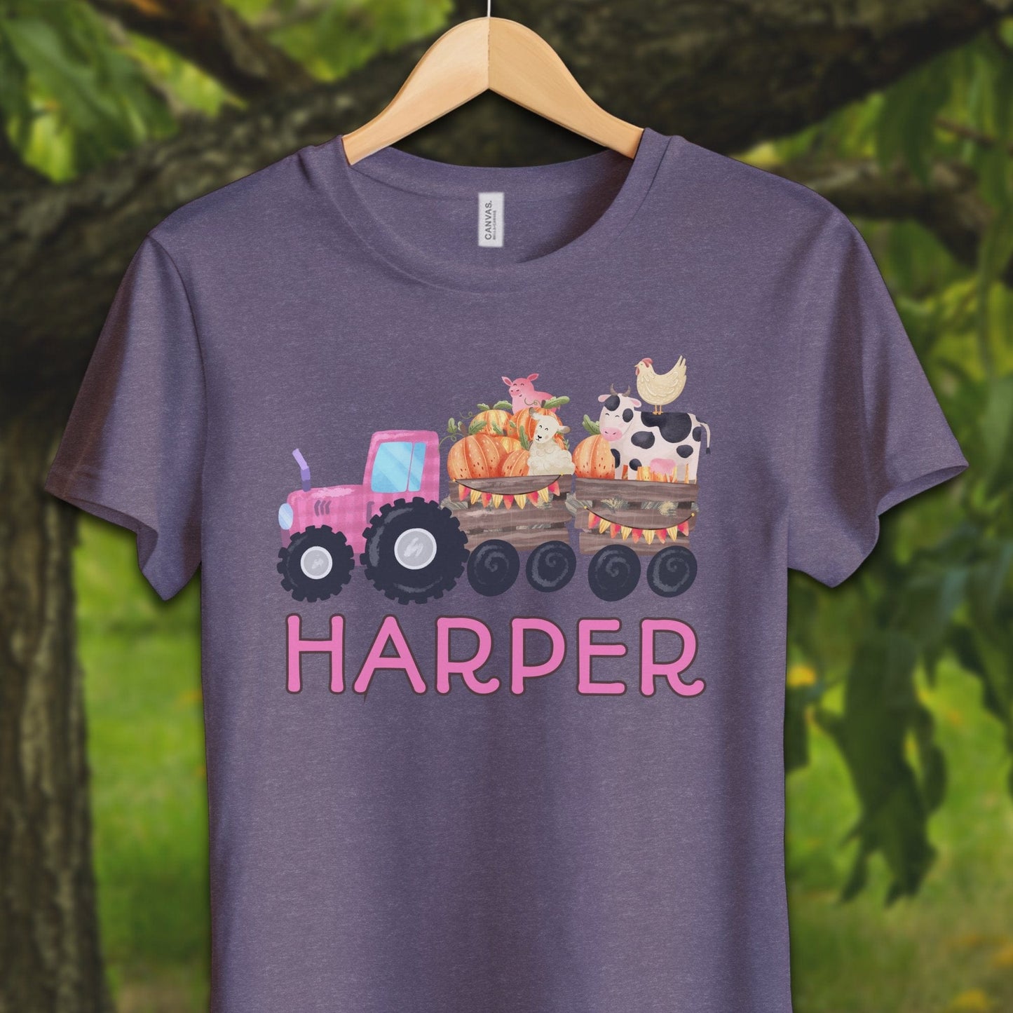 Youth Shirts T-Shirt Youth / S / Heather Team Purple Personalized Cute Pink Tractor - Youth Shirt